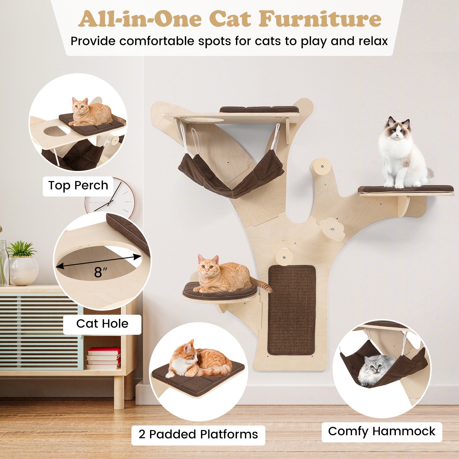 Wall-Mounted Cat Tree with Perch-Brown