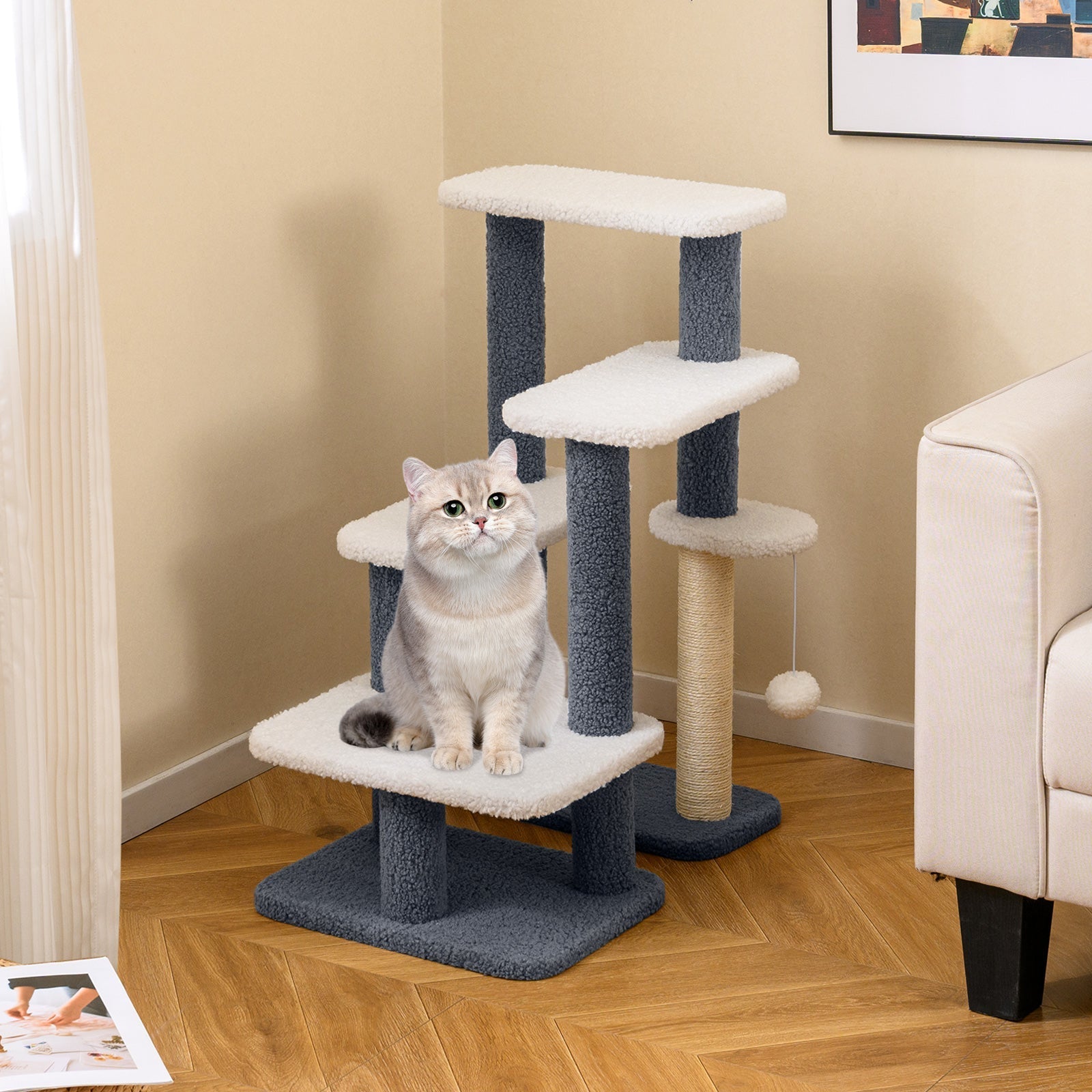 2-in-1 Cat Stairs Cat Tree Tower with Scratching Posts and Hanging Toy Ball-Gray