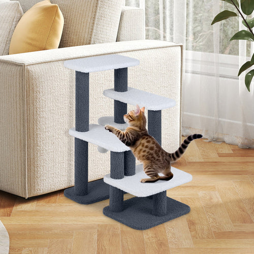 2-in-1 Cat Stairs Cat Tree Tower with Scratching Posts and Hanging Toy Ball-Gray