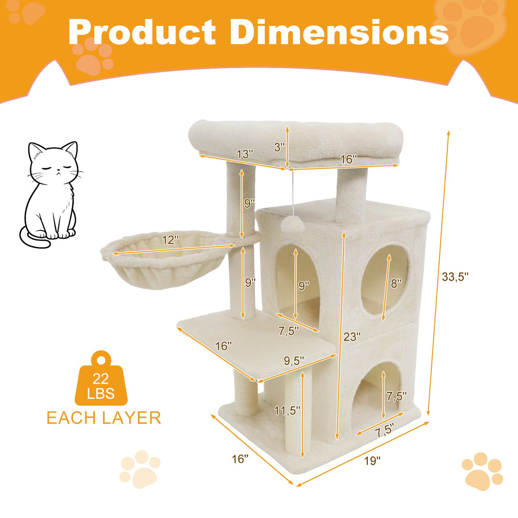 33.5 Inch Cute Kitten Tower with 2-Tier Condo and Padded Top Perch