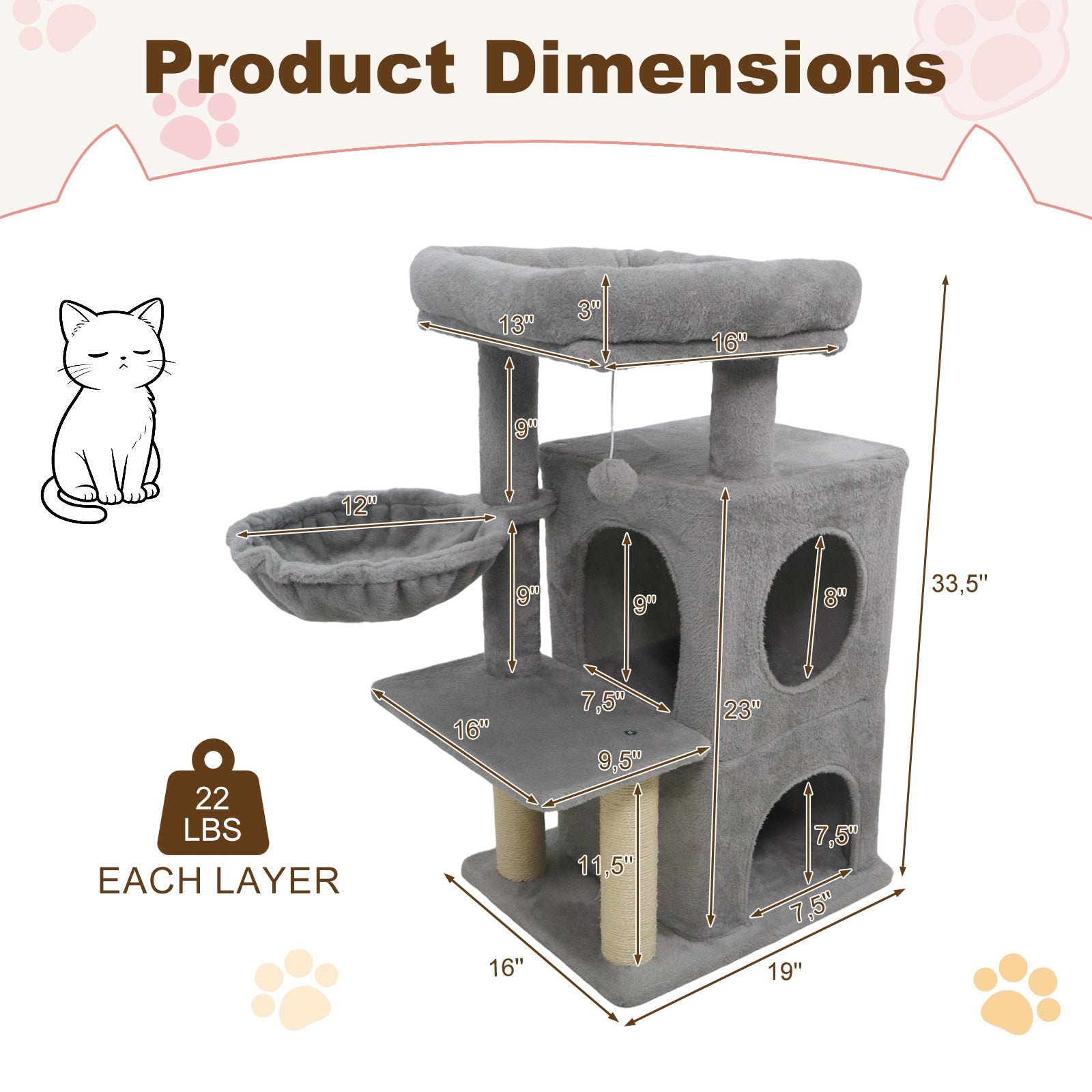 33.5 Inch Cute Kitten Tower with 2-Tier Condo and Padded Top Perch