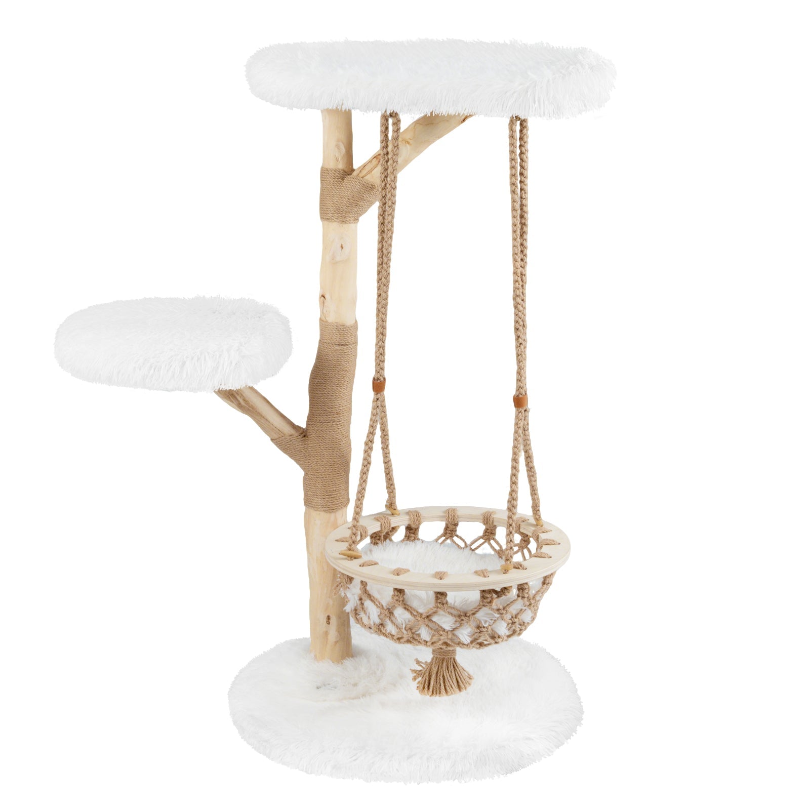 Solid Wood Medium Cat Tree with Hanging Cradle and Jute Scratching Post-White