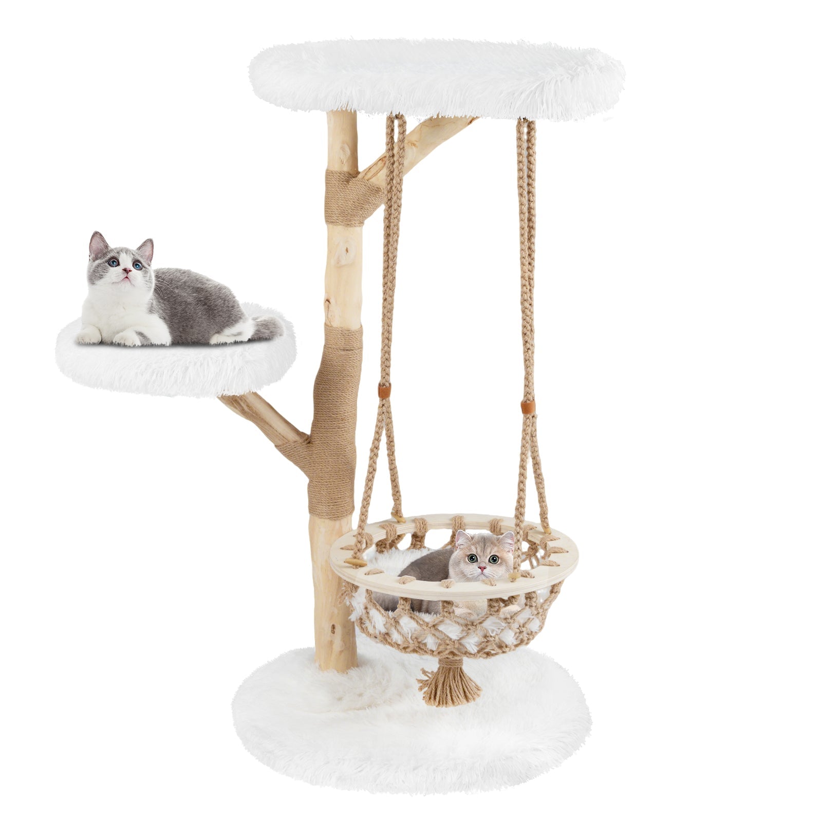 Solid Wood Medium Cat Tree with Hanging Cradle and Jute Scratching Post-White