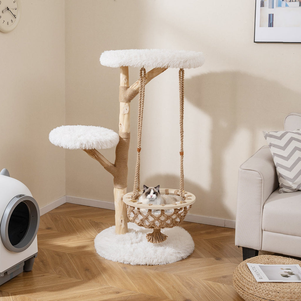 Solid Wood Medium Cat Tree with Hanging Cradle and Jute Scratching Post-White