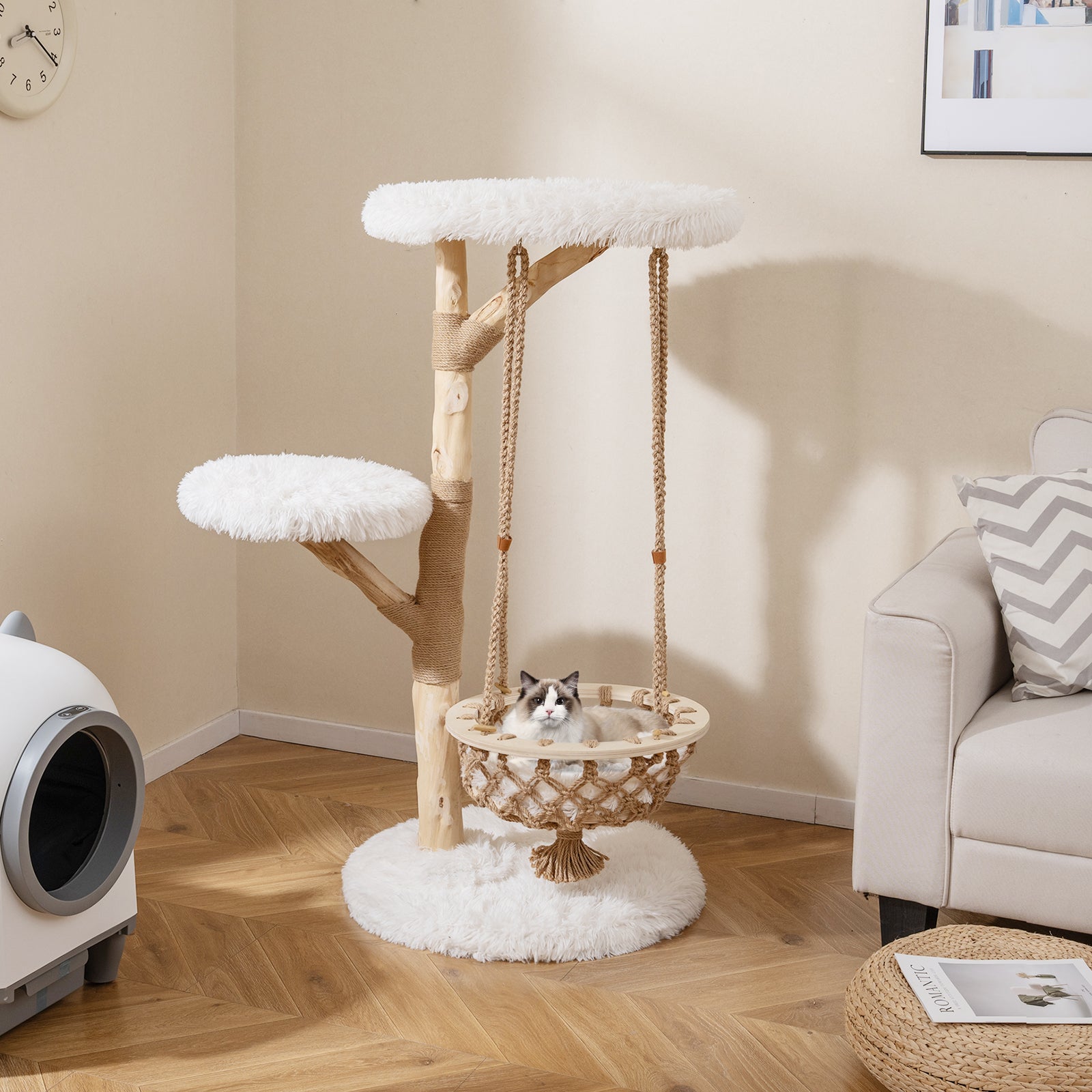 Solid Wood Medium Cat Tree with Hanging Cradle and Jute Scratching Post-White