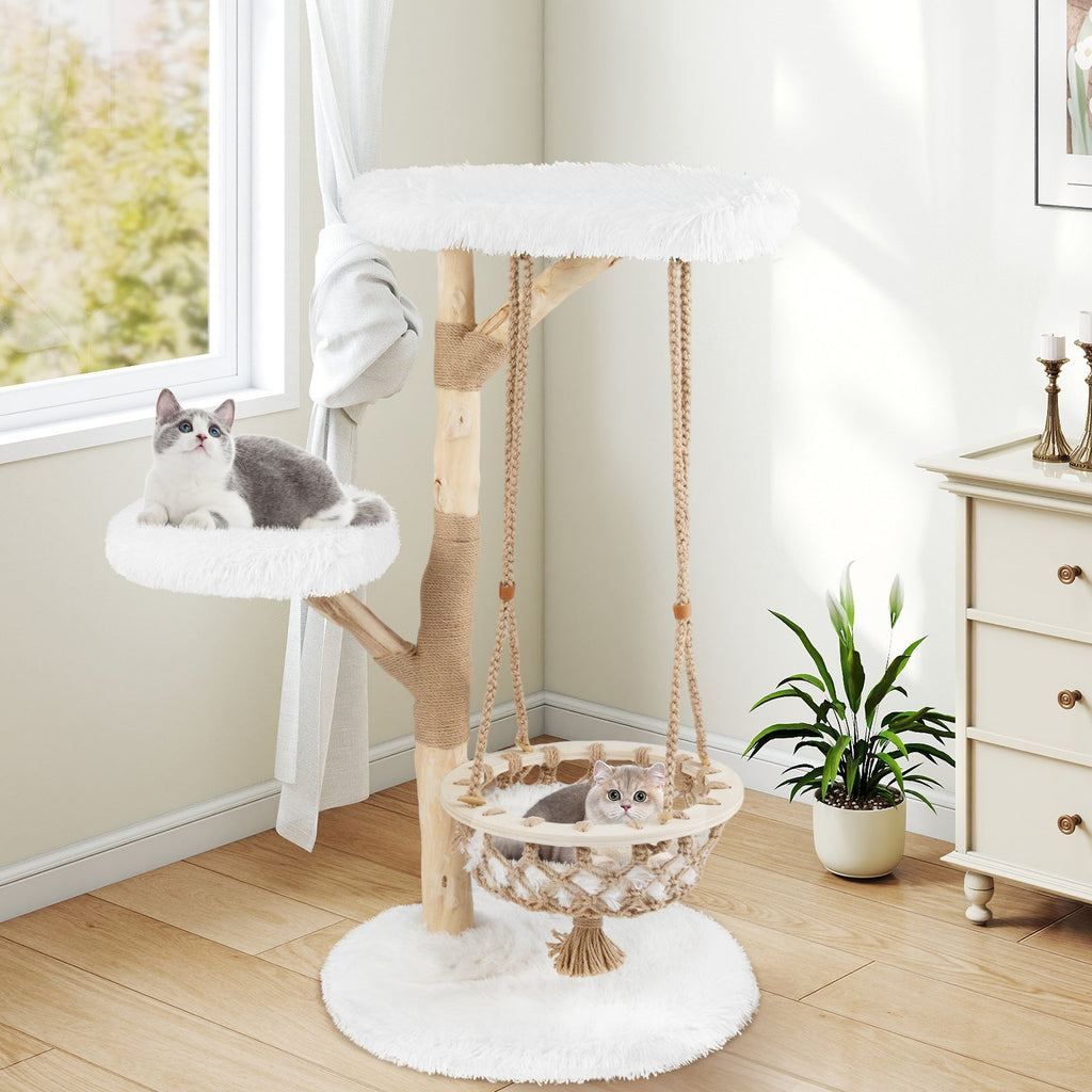 Solid Wood Medium Cat Tree with Hanging Cradle and Jute Scratching Post-White