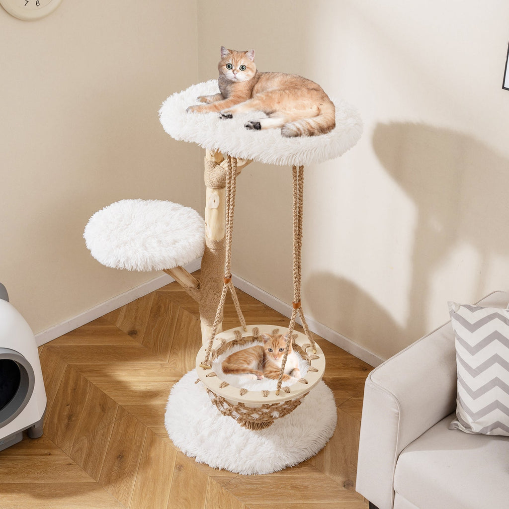 Solid Wood Medium Cat Tree with Hanging Cradle and Jute Scratching Post-White