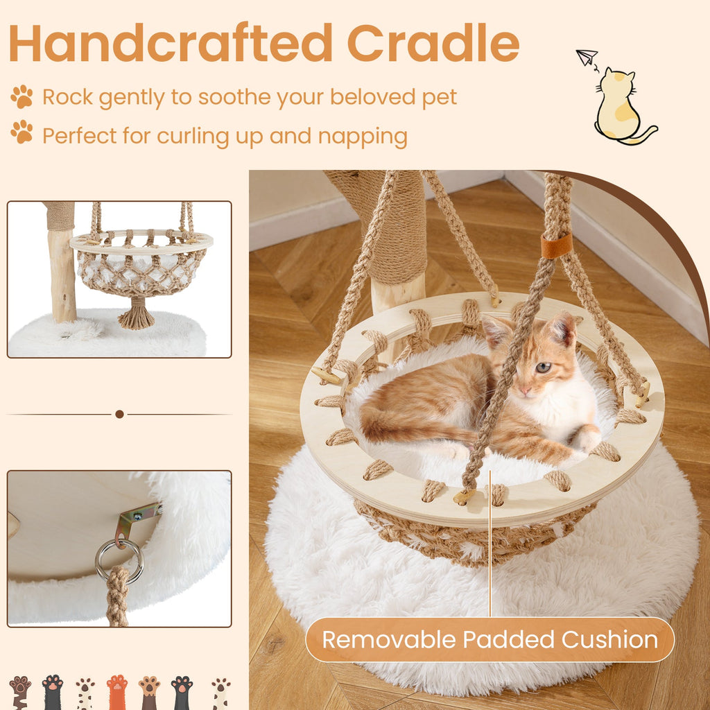 Solid Wood Medium Cat Tree with Hanging Cradle and Jute Scratching Post-White