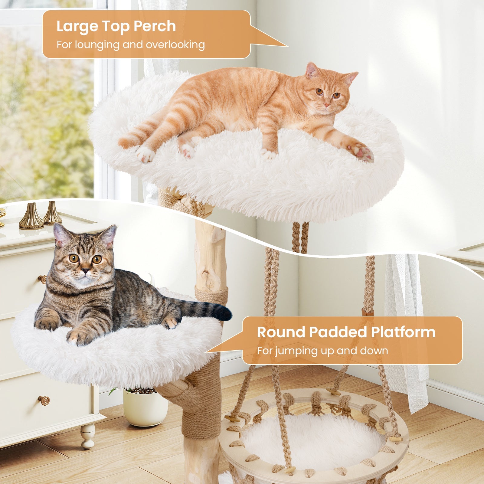 Solid Wood Medium Cat Tree with Hanging Cradle and Jute Scratching Post-White