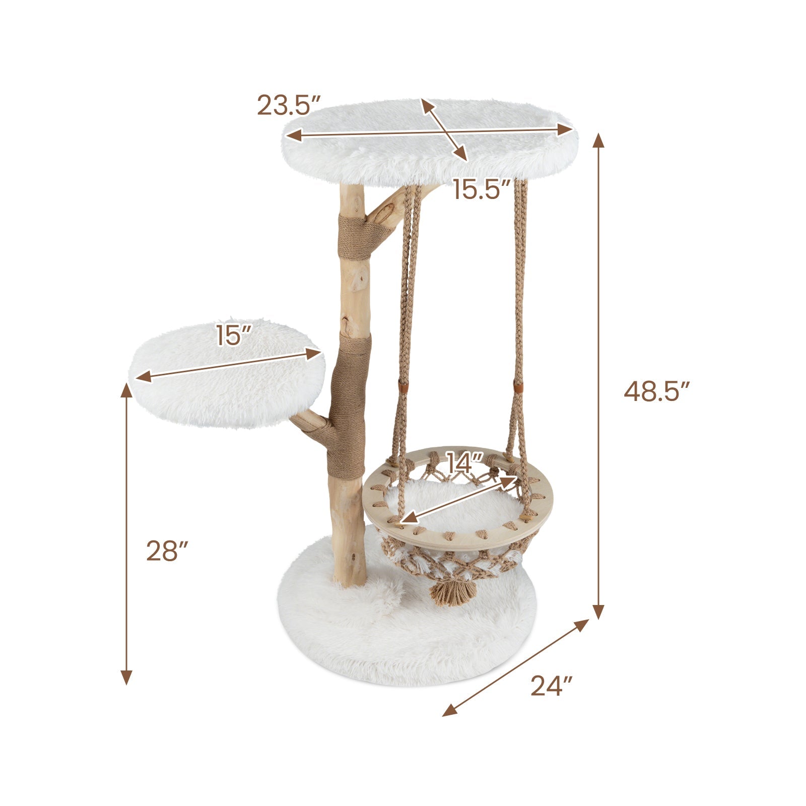 Solid Wood Medium Cat Tree with Hanging Cradle and Jute Scratching Post-White