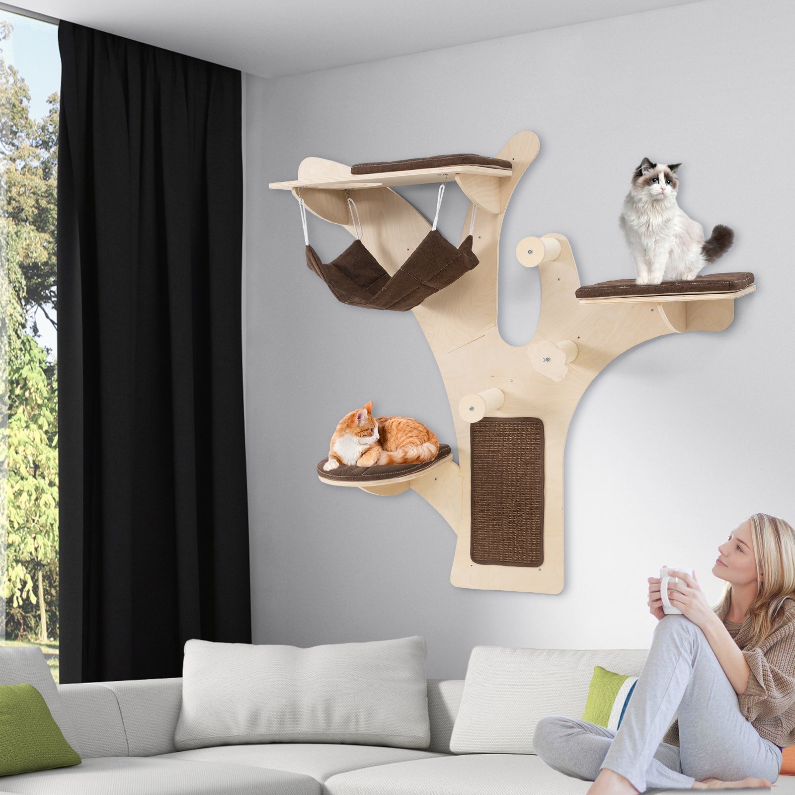 Wall-Mounted Cat Tree with Perch-Brown