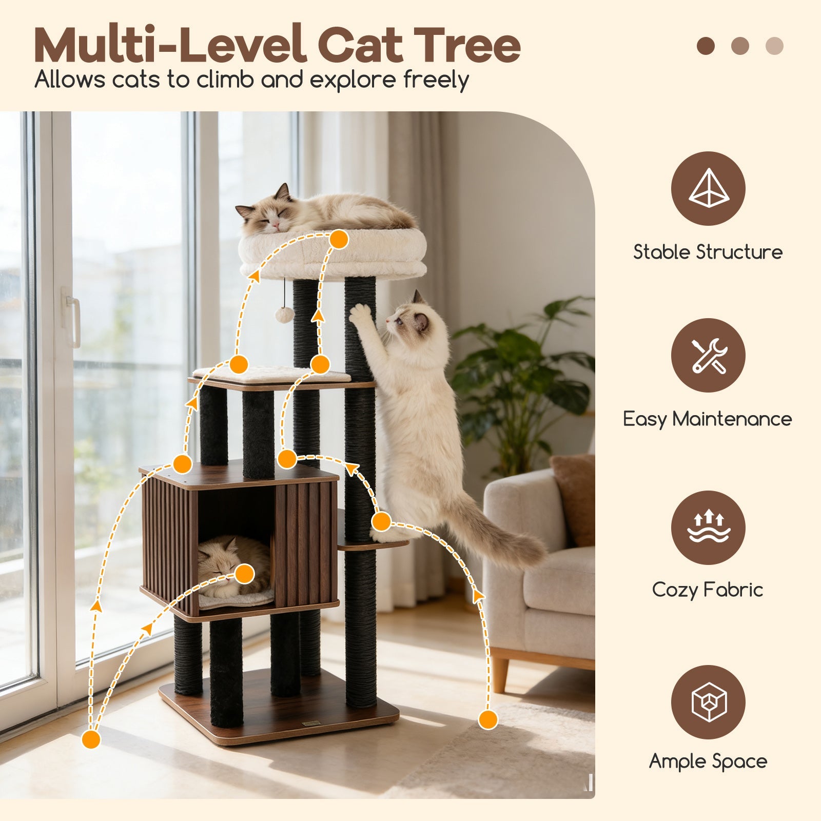 53.5 inch Medium Cat Tree with Soft Padding-Brown