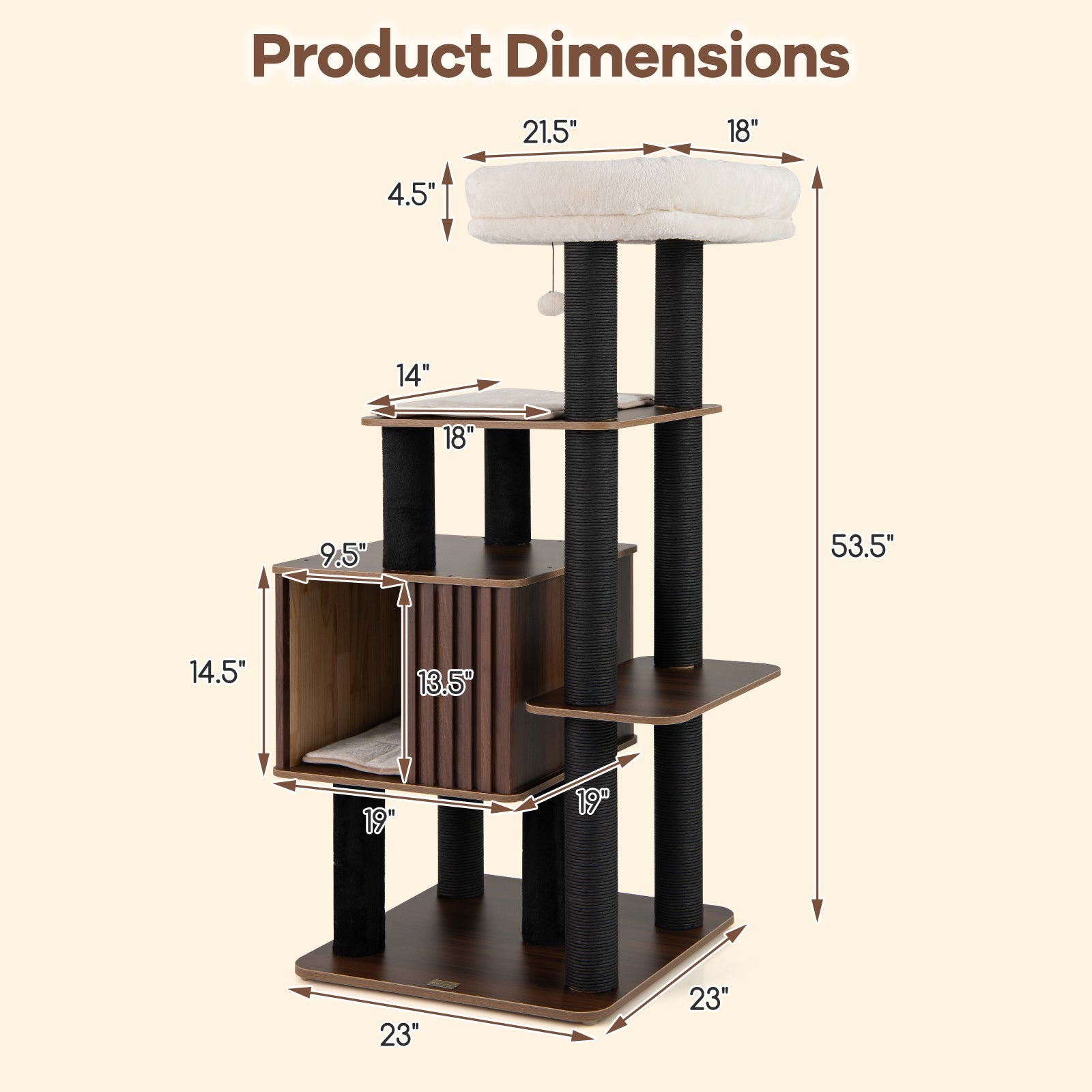 53.5 inch Medium Cat Tree with Soft Padding-Brown