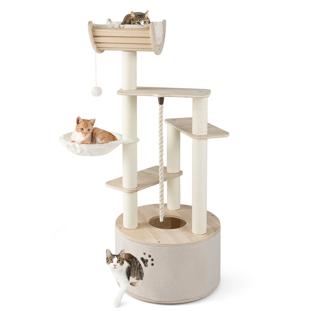 55.5 Inches Medium Wooden Cat Tree with Washable Plush Cushions for Cats