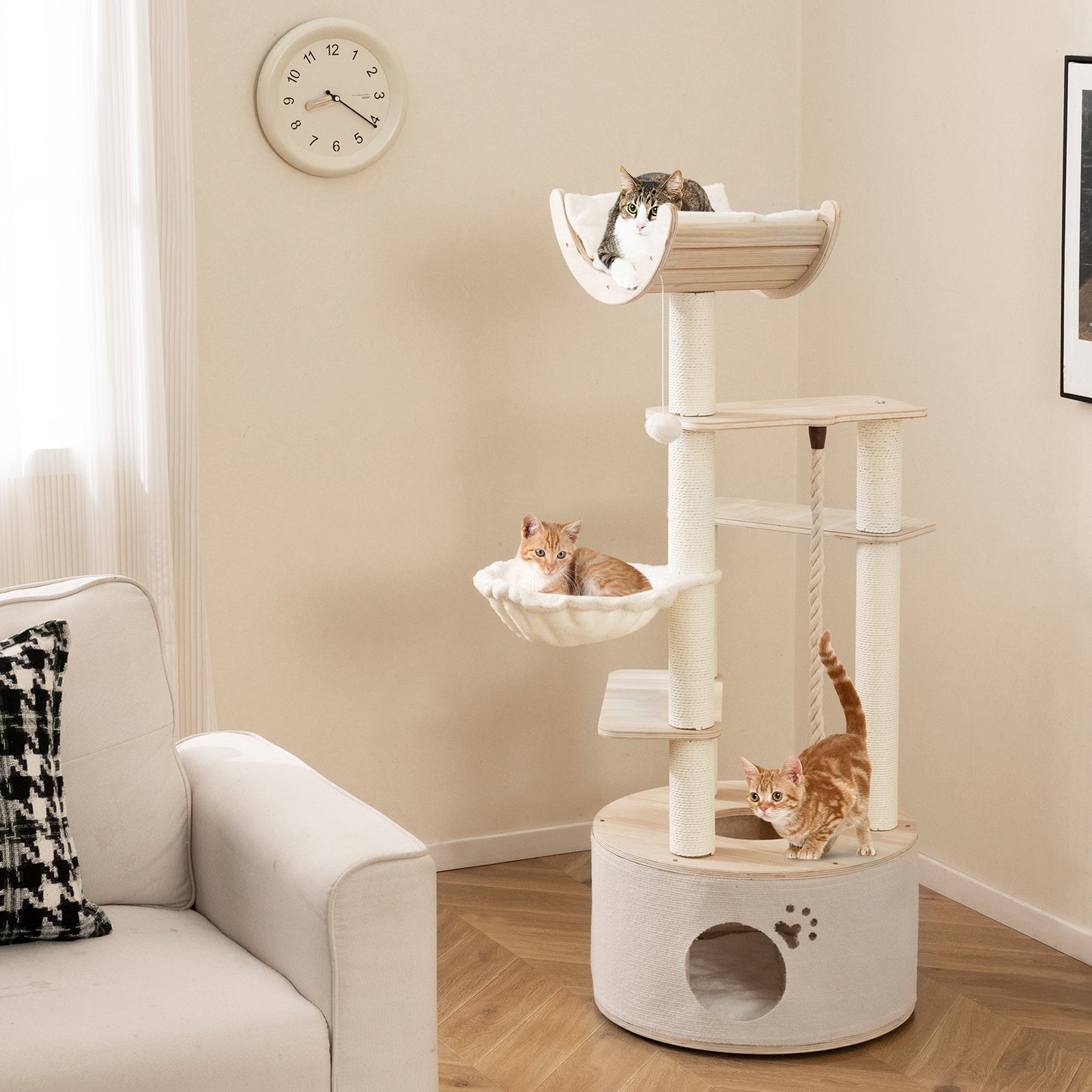 55.5 Inches Medium Wooden Cat Tree with Washable Plush Cushions for Cats