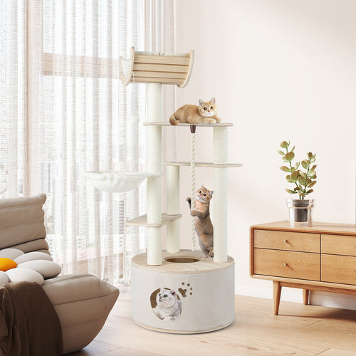 55.5 Inches Medium Wooden Cat Tree with Washable Plush Cushions for Cats