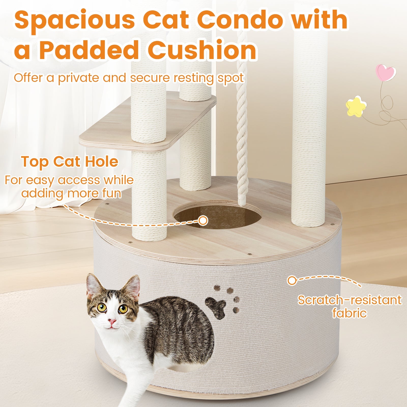 55.5 Inches Medium Wooden Cat Tree with Washable Plush Cushions for Cats