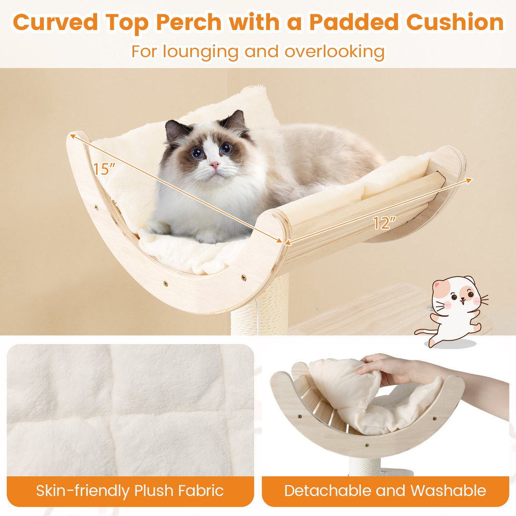 55.5 Inches Medium Wooden Cat Tree with Washable Plush Cushions for Cats
