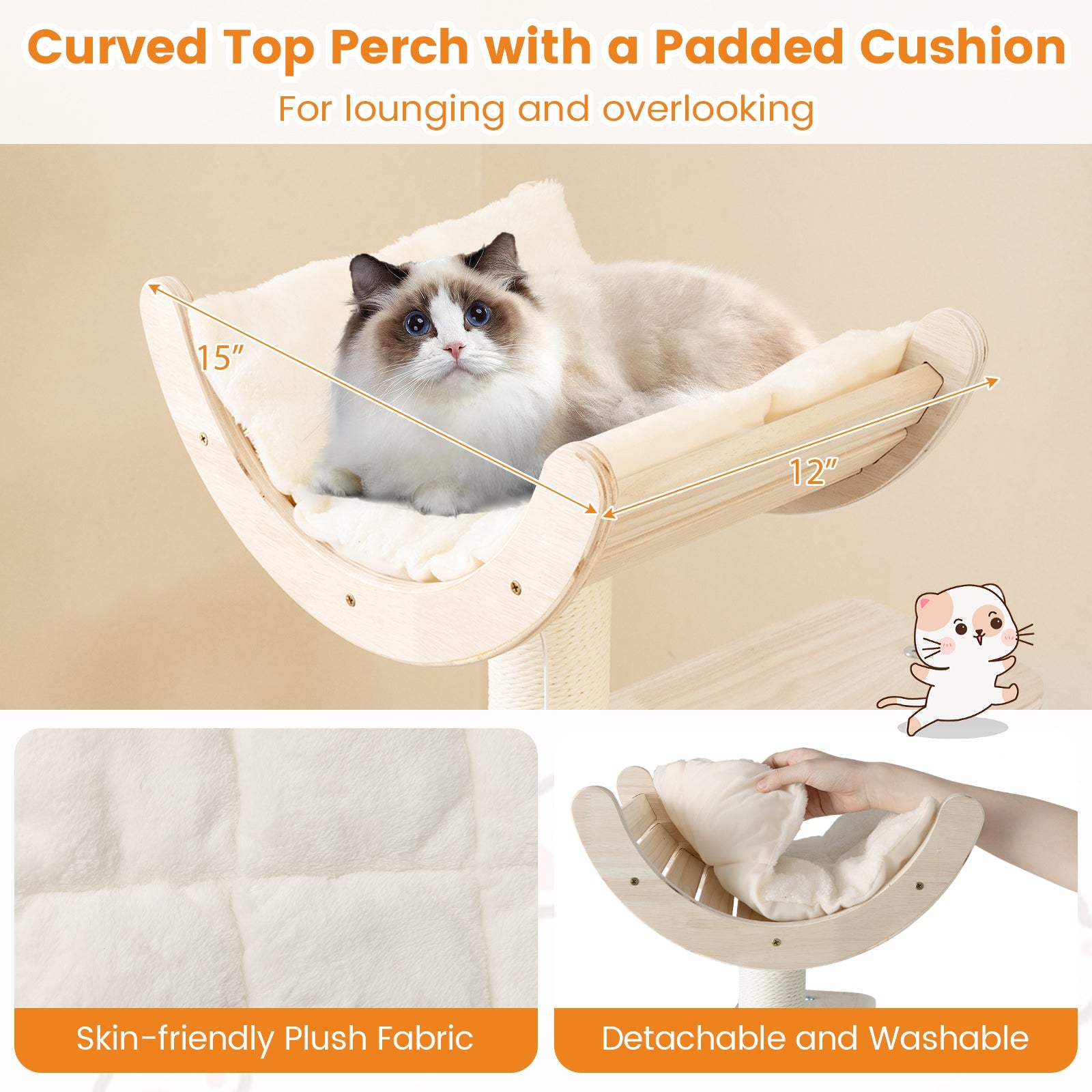 55.5 Inches Medium Wooden Cat Tree with Washable Plush Cushions for Cats