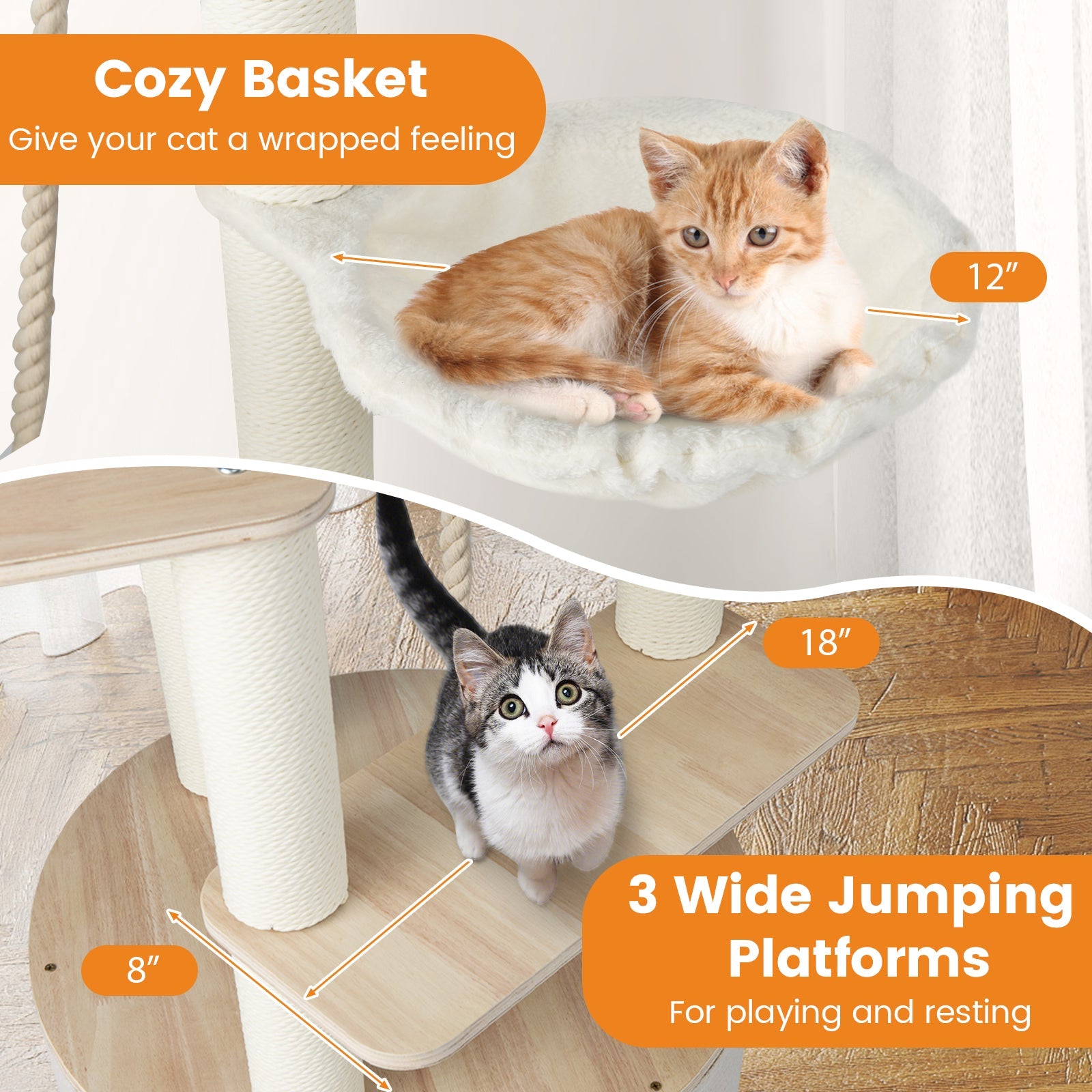 55.5 Inches Medium Wooden Cat Tree with Washable Plush Cushions for Cats
