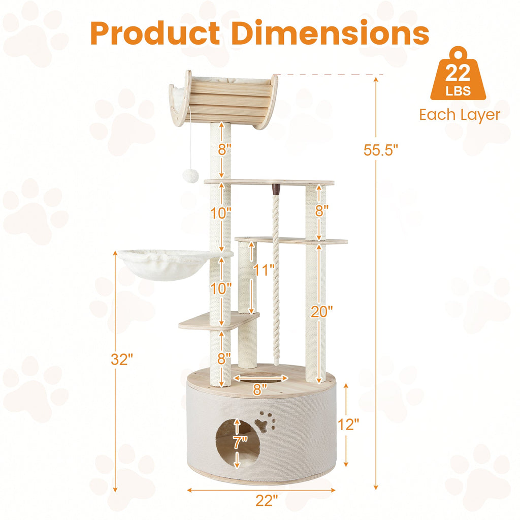 55.5 Inches Medium Wooden Cat Tree with Washable Plush Cushions for Cats