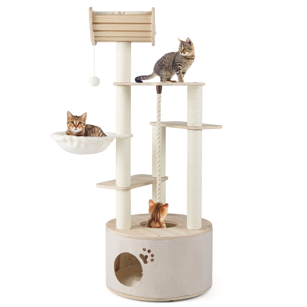 55.5 Inches Medium Wooden Cat Tree with Washable Plush Cushions for Cats