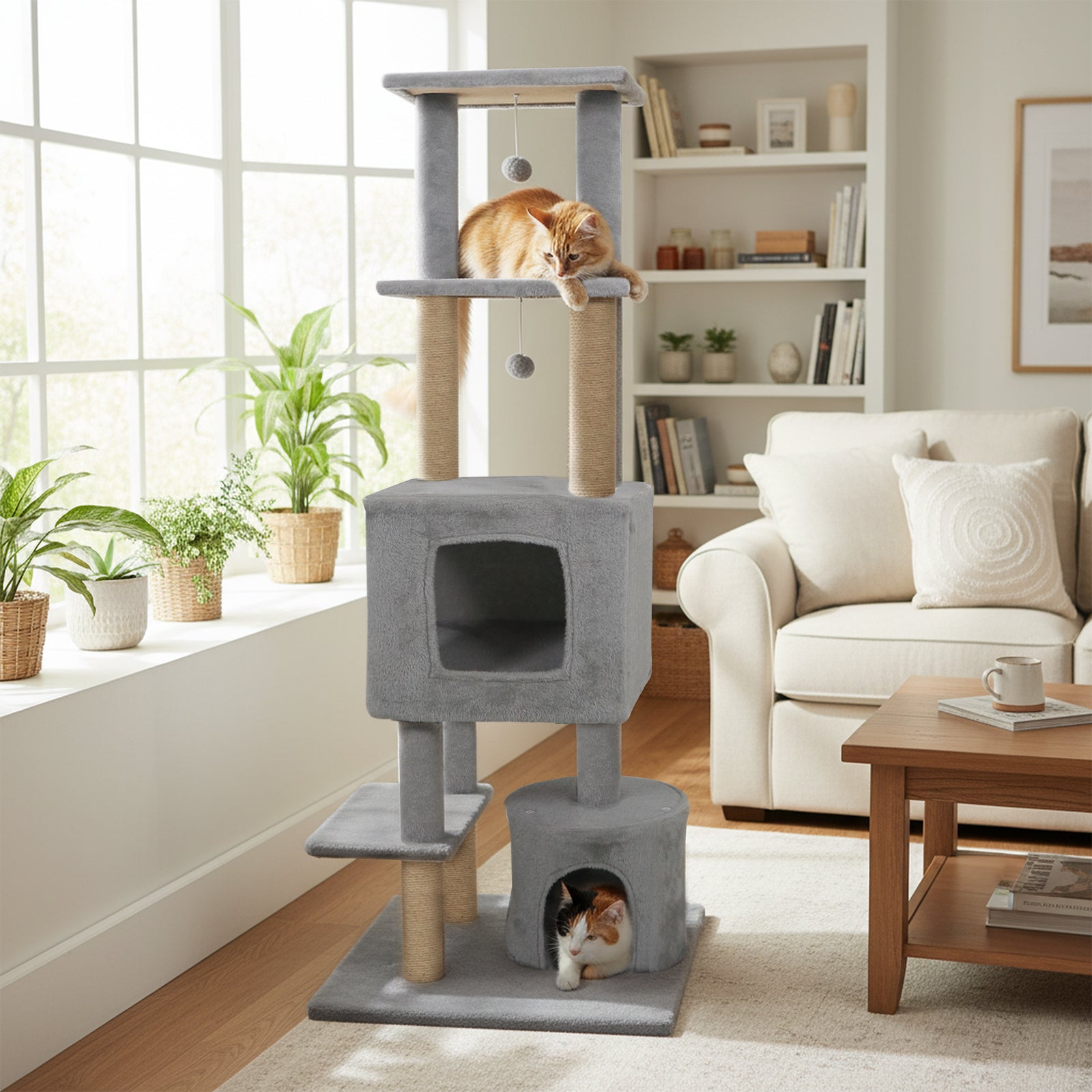 64 Inch Tall Cat Tree with 2 Large Condos and Jute Scratching Posts for Cats