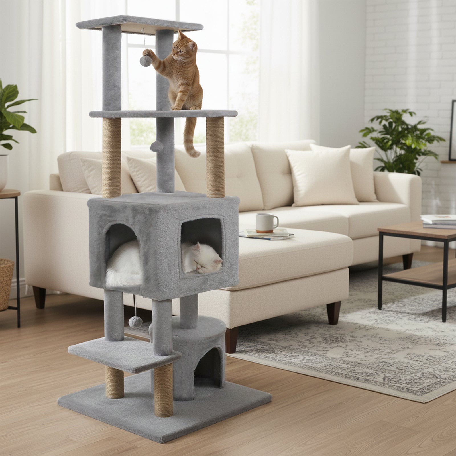 64 Inch Tall Cat Tree with 2 Large Condos and Jute Scratching Posts for Cats