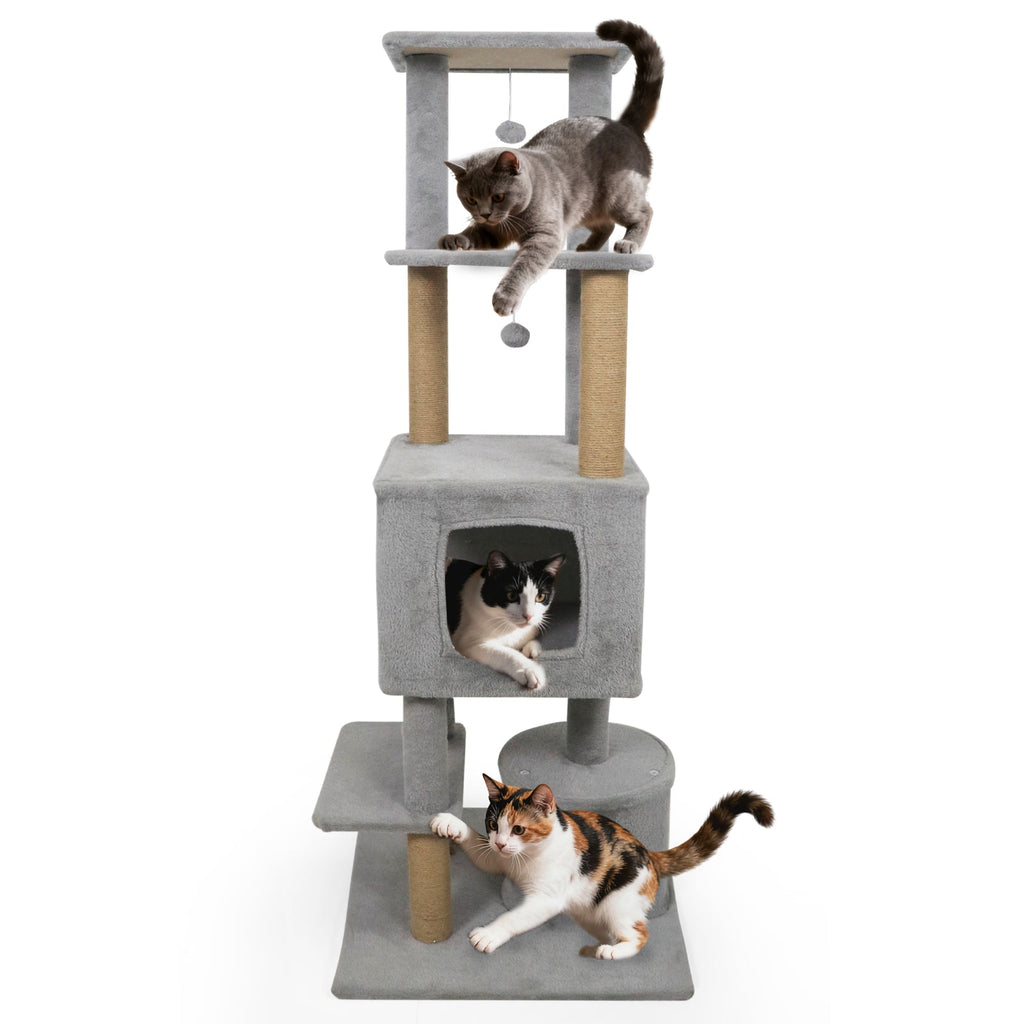 64 Inch Tall Cat Tree with 2 Large Condos and Jute Scratching Posts for Cats