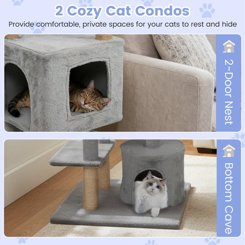 64 Inch Tall Cat Tree with 2 Large Condos and Jute Scratching Posts for Cats