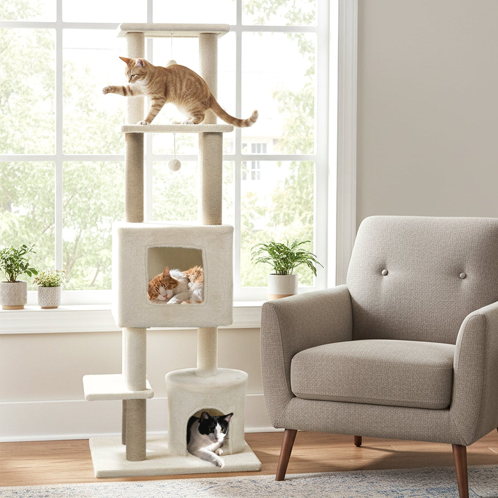 64 Inch Tall Cat Tree with 2 Large Condos and Jute Scratching Posts for Cats