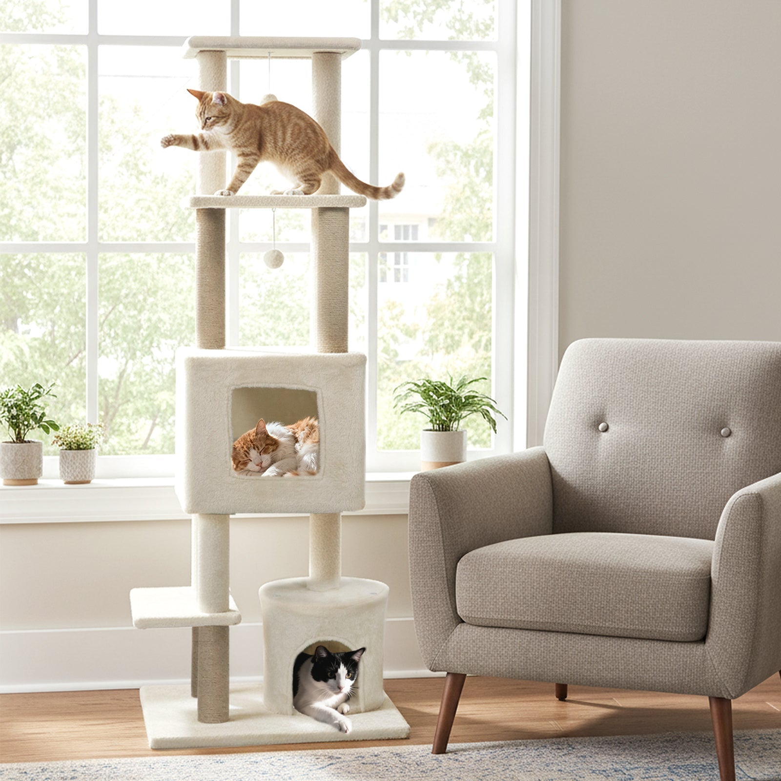 64 Inch Tall Cat Tree with 2 Large Condos and Jute Scratching Posts for Cats