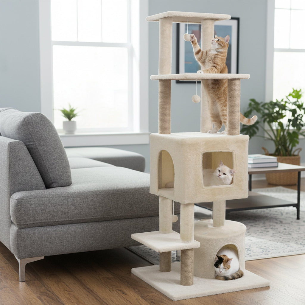 64 Inch Tall Cat Tree with 2 Large Condos and Jute Scratching Posts for Cats