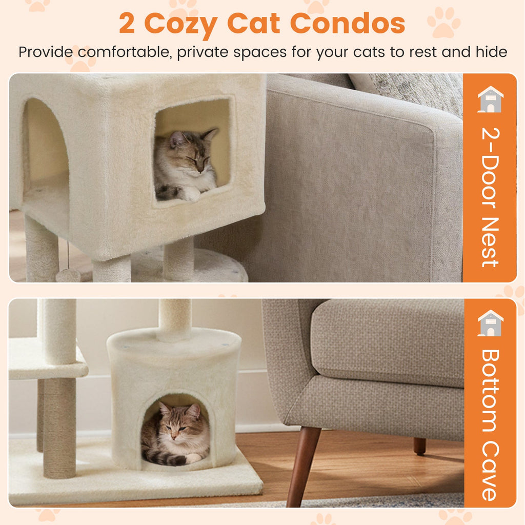 64 Inch Tall Cat Tree with 2 Large Condos and Jute Scratching Posts for Cats