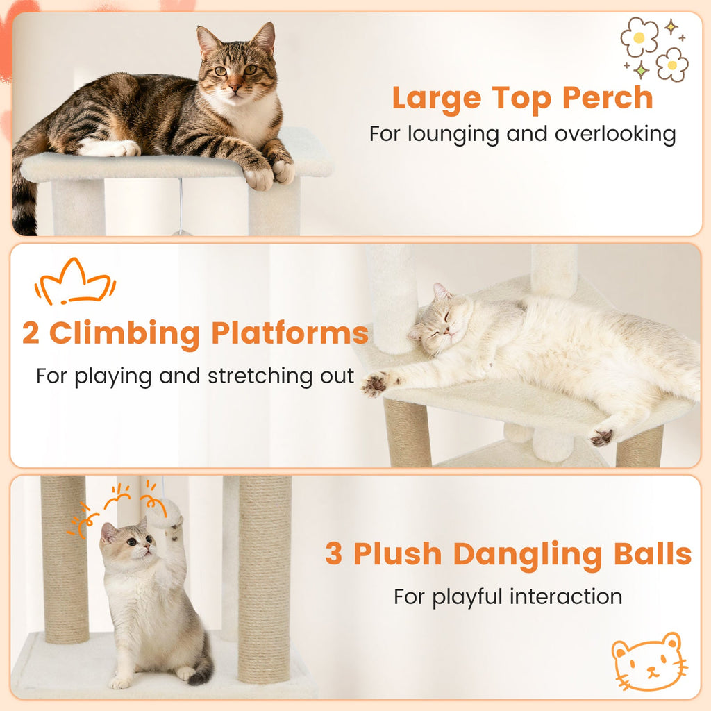 64 Inch Tall Cat Tree with 2 Large Condos and Jute Scratching Posts for Cats