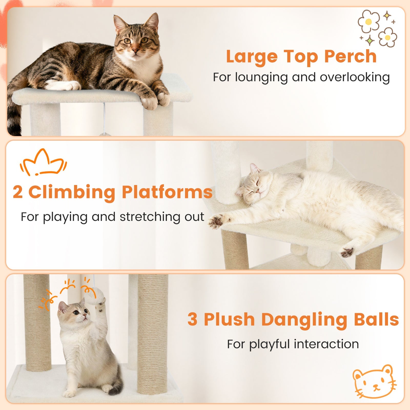 64 Inch Tall Cat Tree with 2 Large Condos and Jute Scratching Posts for Cats