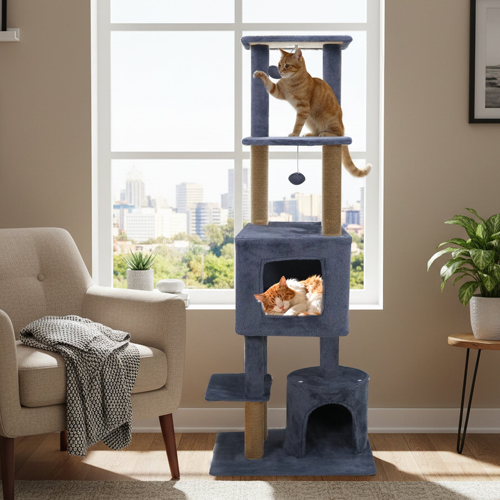 64 Inch Tall Cat Tree with 2 Large Condos and Jute Scratching Posts for Cats