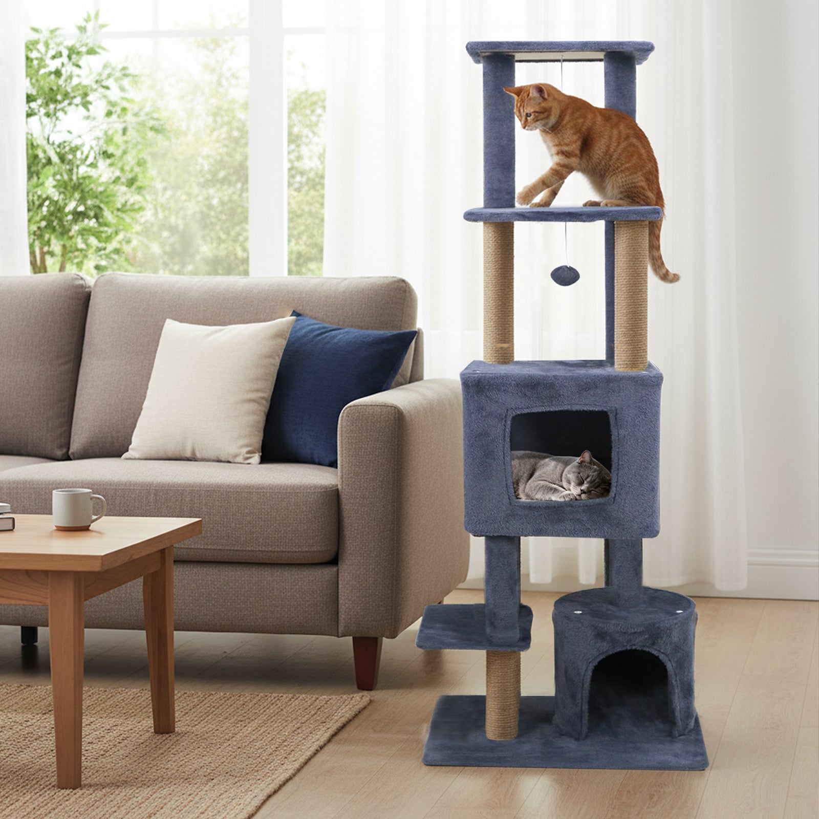64 Inch Tall Cat Tree with 2 Large Condos and Jute Scratching Posts for Cats