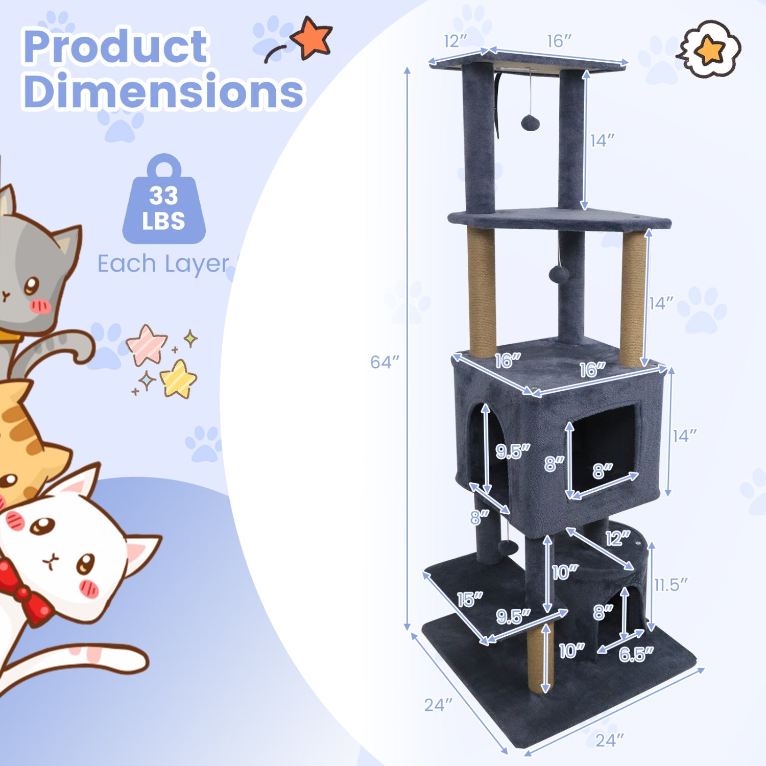 64 Inch Tall Cat Tree with 2 Large Condos and Jute Scratching Posts for Cats