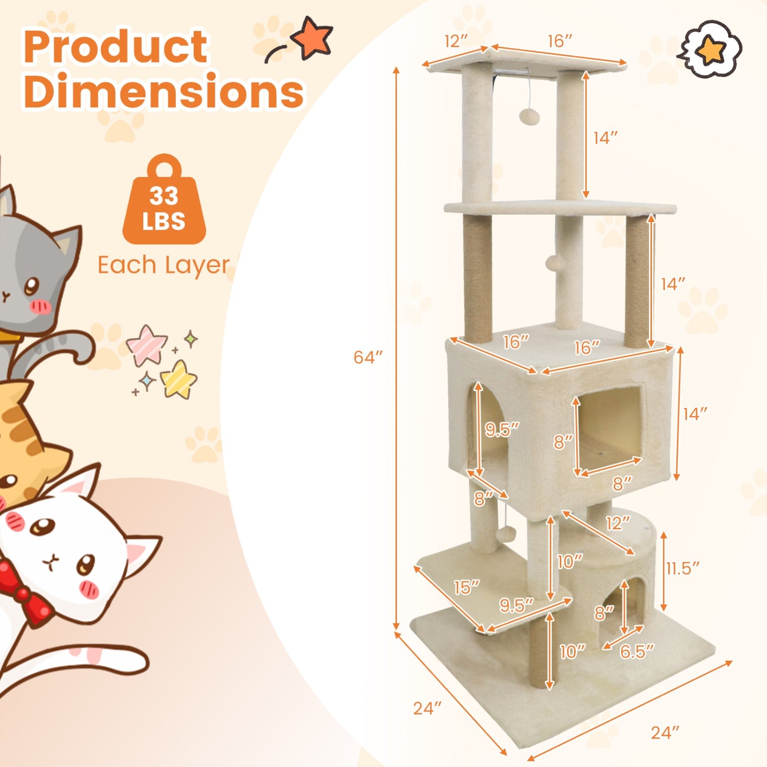 64 Inch Tall Cat Tree with 2 Large Condos and Jute Scratching Posts for Cats
