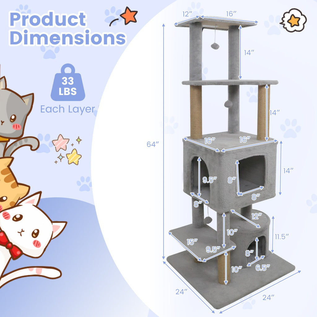 64 Inch Tall Cat Tree with 2 Large Condos and Jute Scratching Posts for Cats