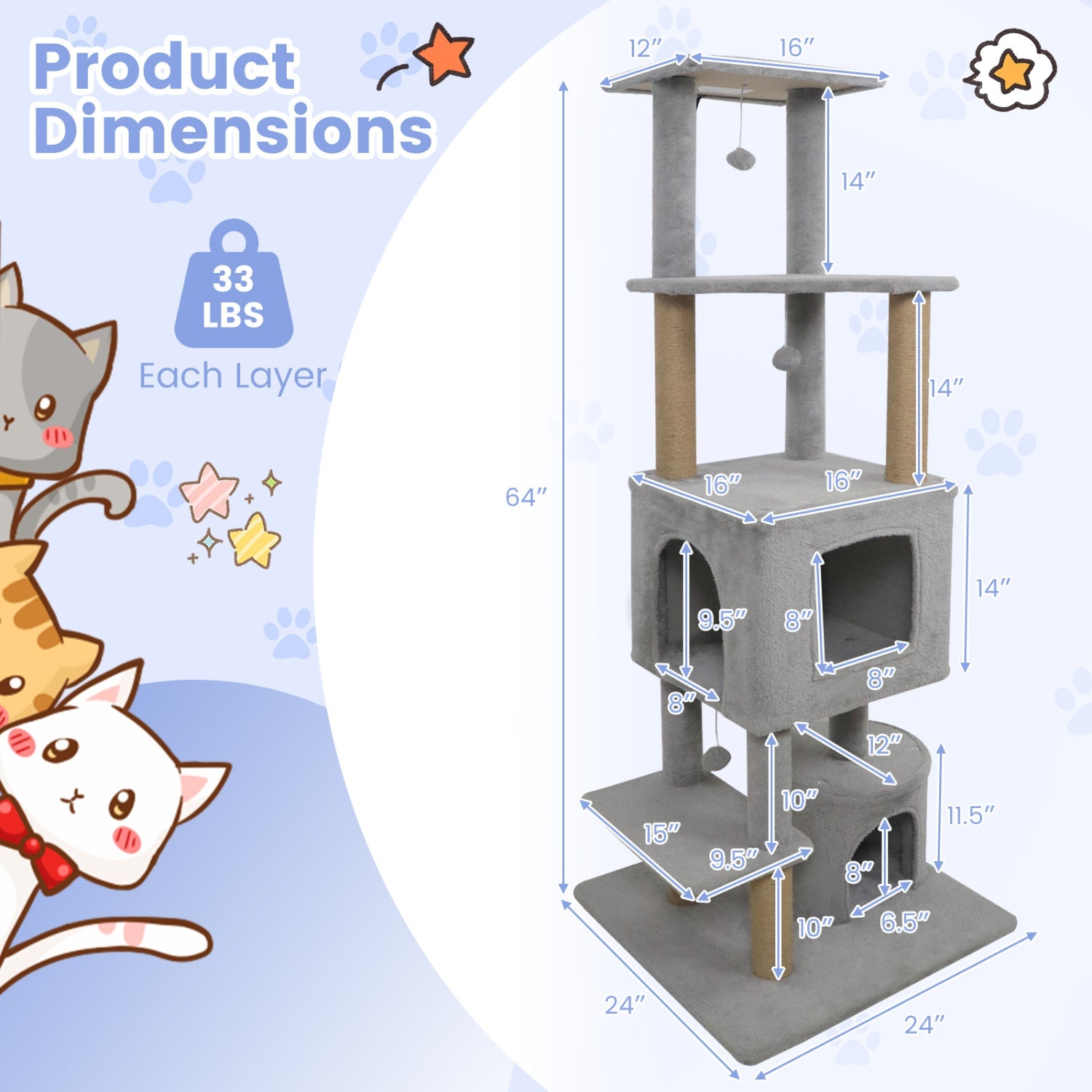 64 Inch Tall Cat Tree with 2 Large Condos and Jute Scratching Posts for Cats