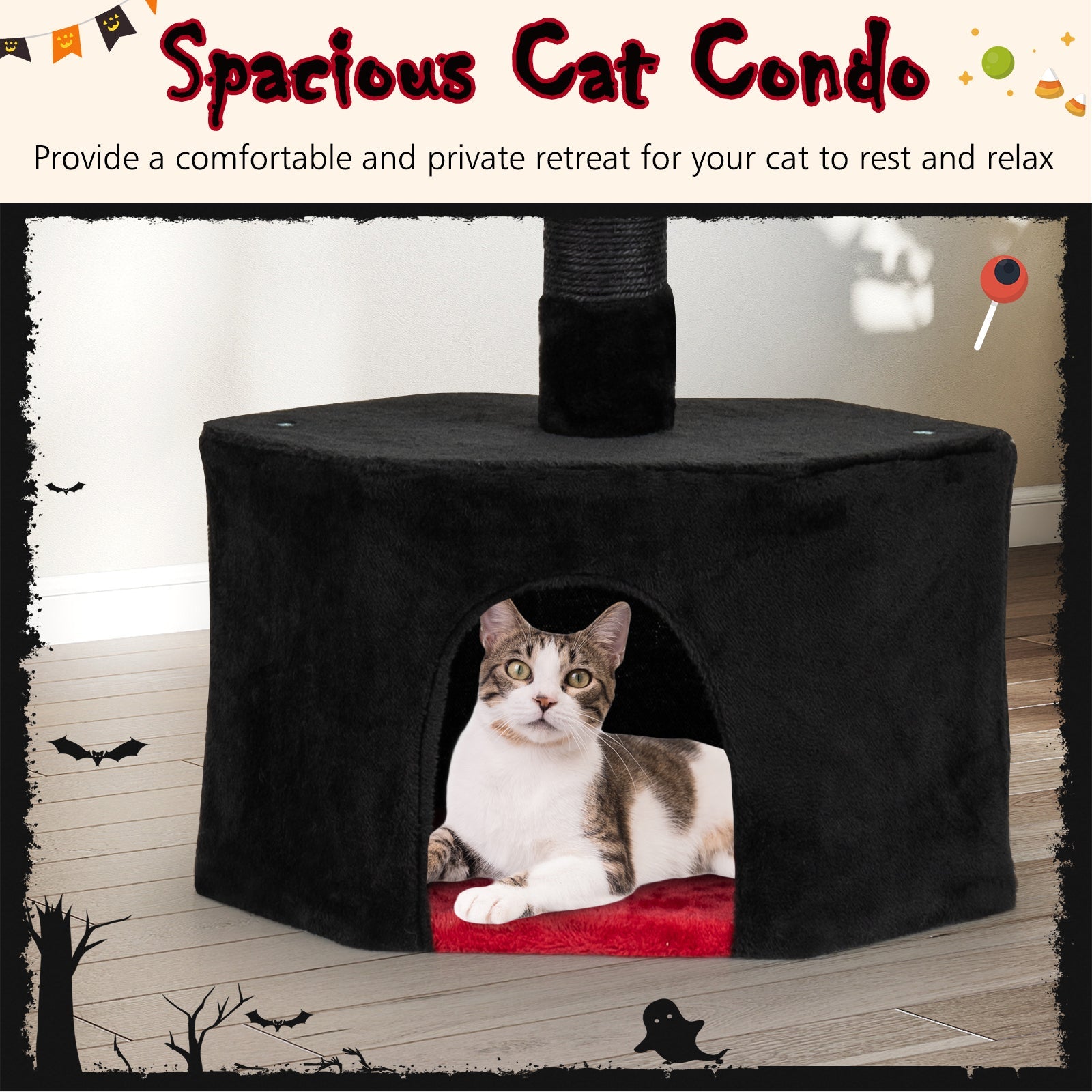 Floor to Ceiling Gothic Cat Tree 97-118 Inches Adjustable 5-Tier with Condo-Black
