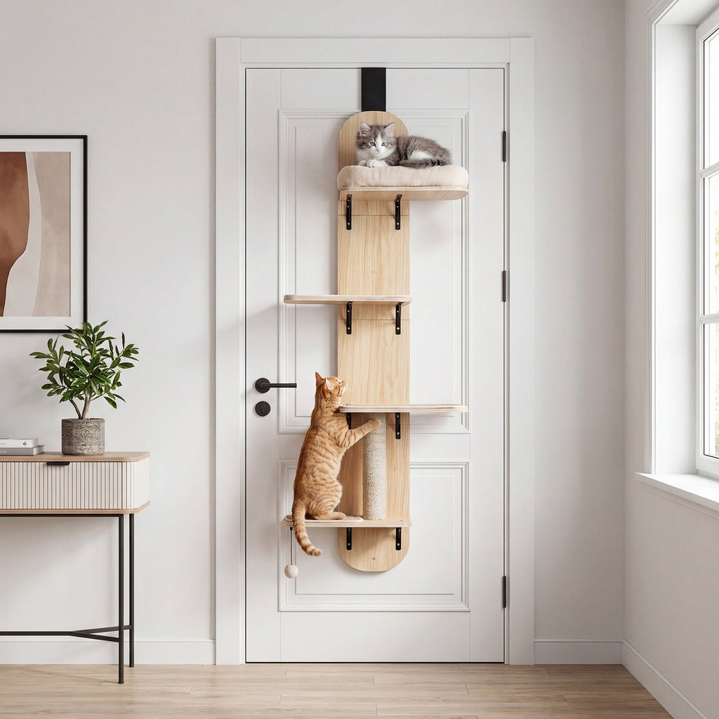 Door Hanging Cat Climber 4-level Height Adjustable with Plush Bed