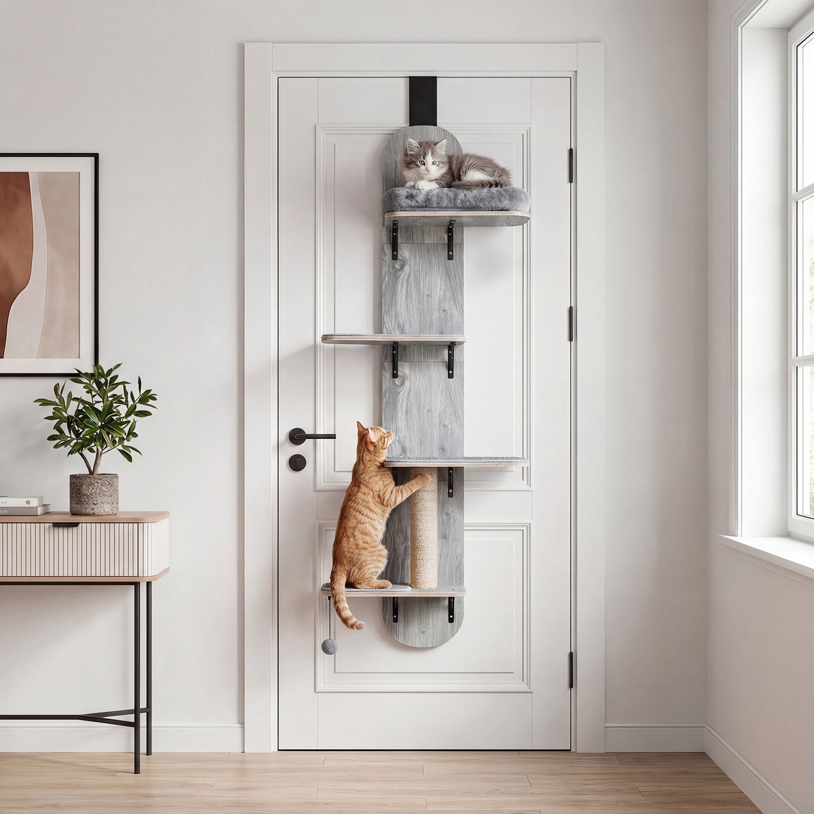 Door Hanging Cat Climber 4-level Height Adjustable with Plush Bed
