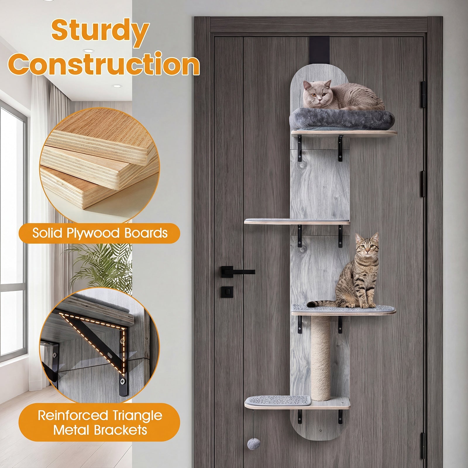 Door Hanging Cat Climber 4-level Height Adjustable with Plush Bed