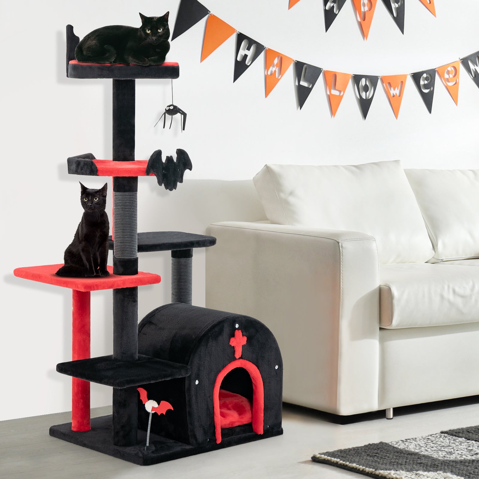 Gothic Medium Cat Tree with Cat Bed and Arch-Shaped Condo-Black