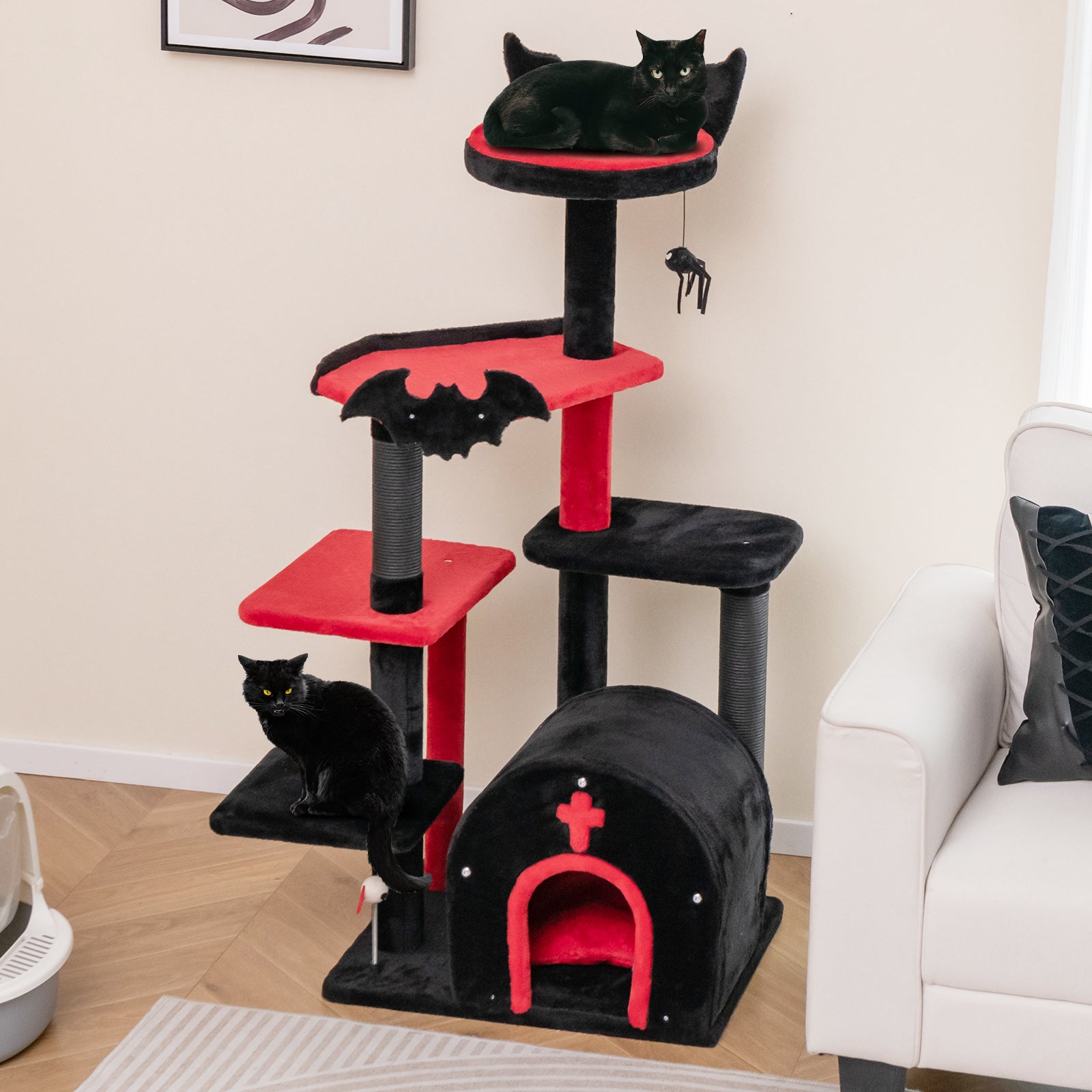 Gothic Medium Cat Tree with Cat Bed and Arch-Shaped Condo-Black