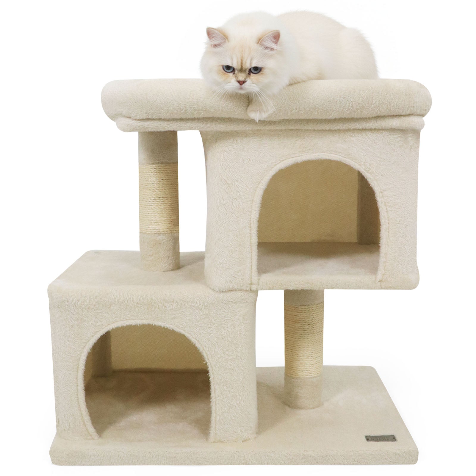 Modern Cat Tree Space-saving Cat Tower with Upholstered Perch and 2 Cat Condos
