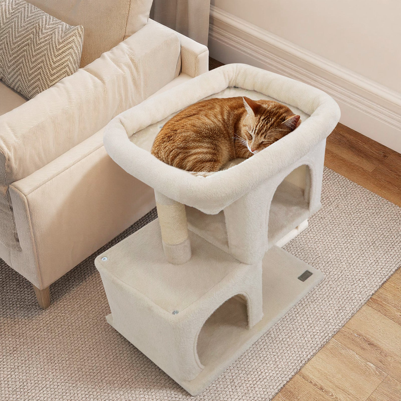 Modern Cat Tree Space-saving Cat Tower with Upholstered Perch and 2 Cat Condos
